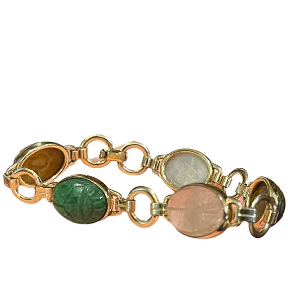 Vintage 10K Gold Filled Egypt SCARAB carved stone bug link bracelet - Picture 2 of 10